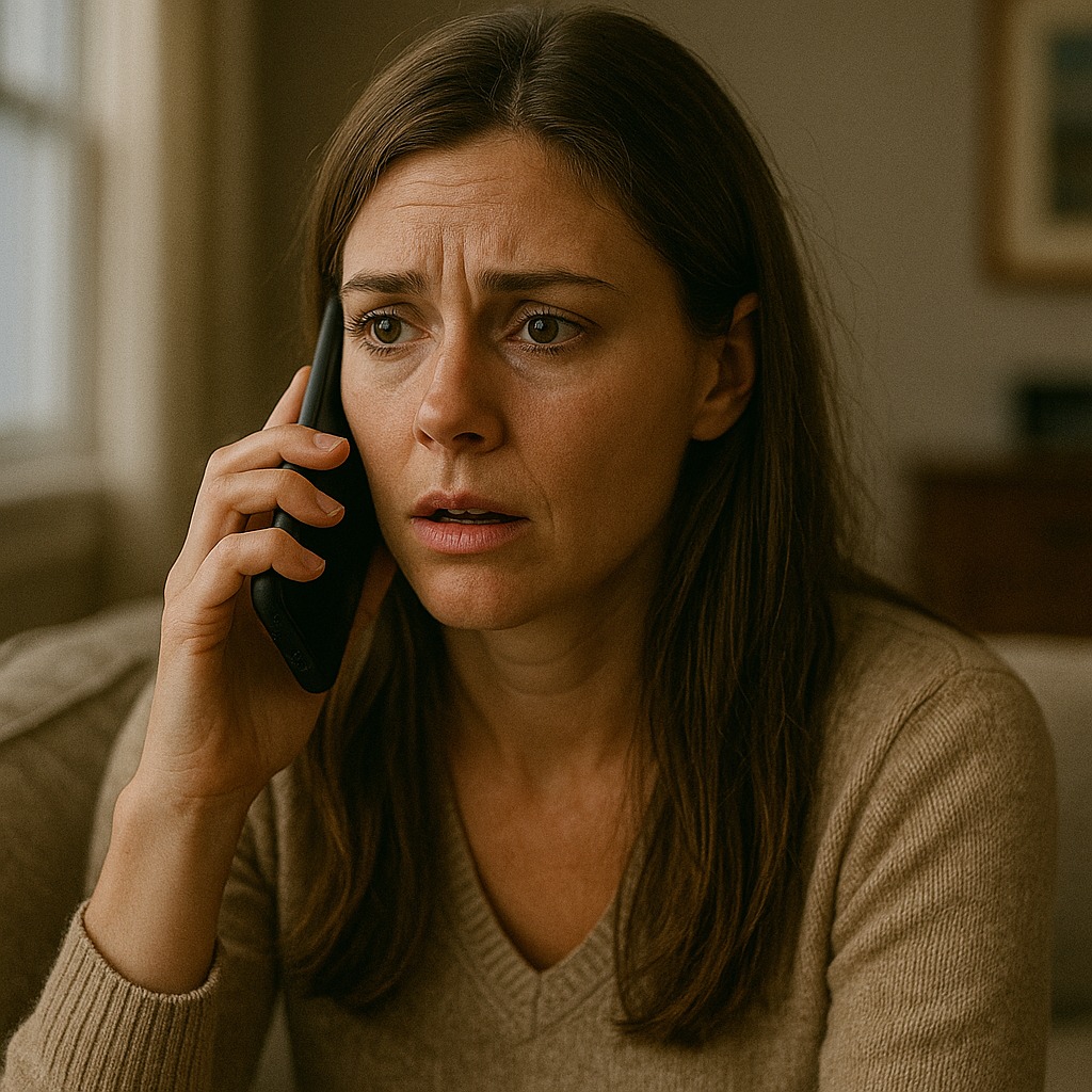 Femme surprise par un appel téléphonique important
