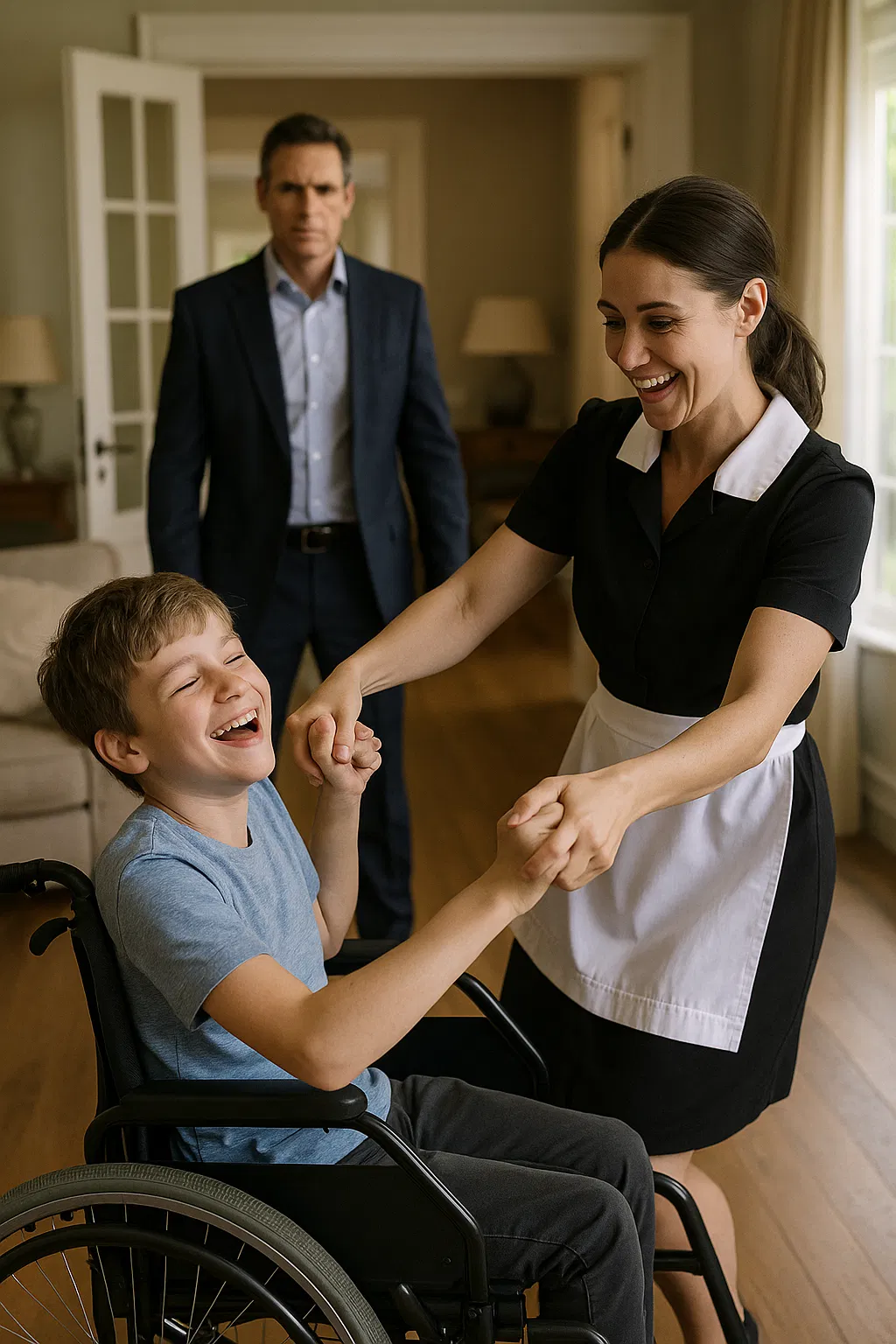 Femme et enfant partageant un moment de danse dans un intérieur