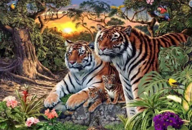 Tigres camouflés dans la végétation tropicale