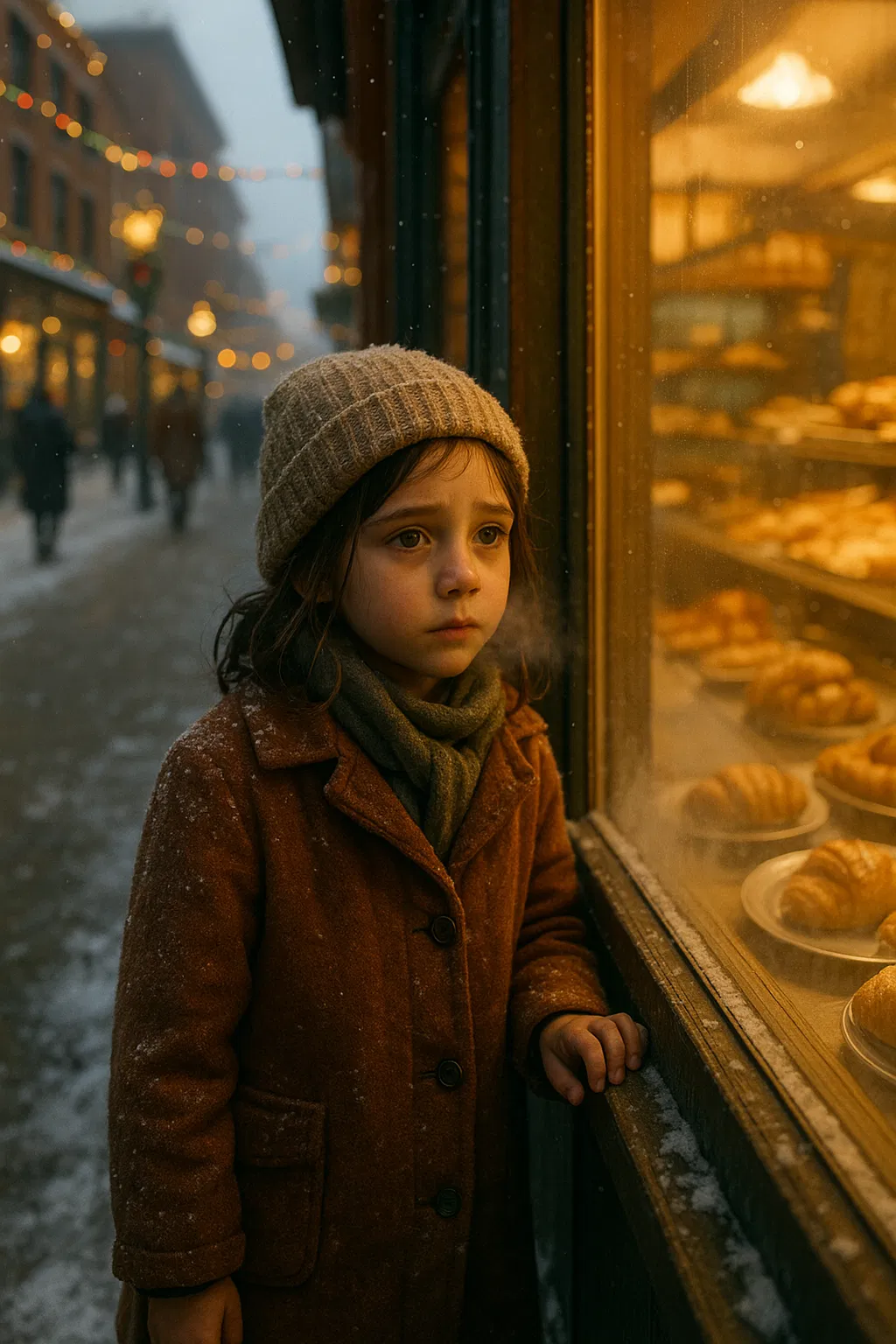 Léna, une enfant seule devant une vitrine enneigée