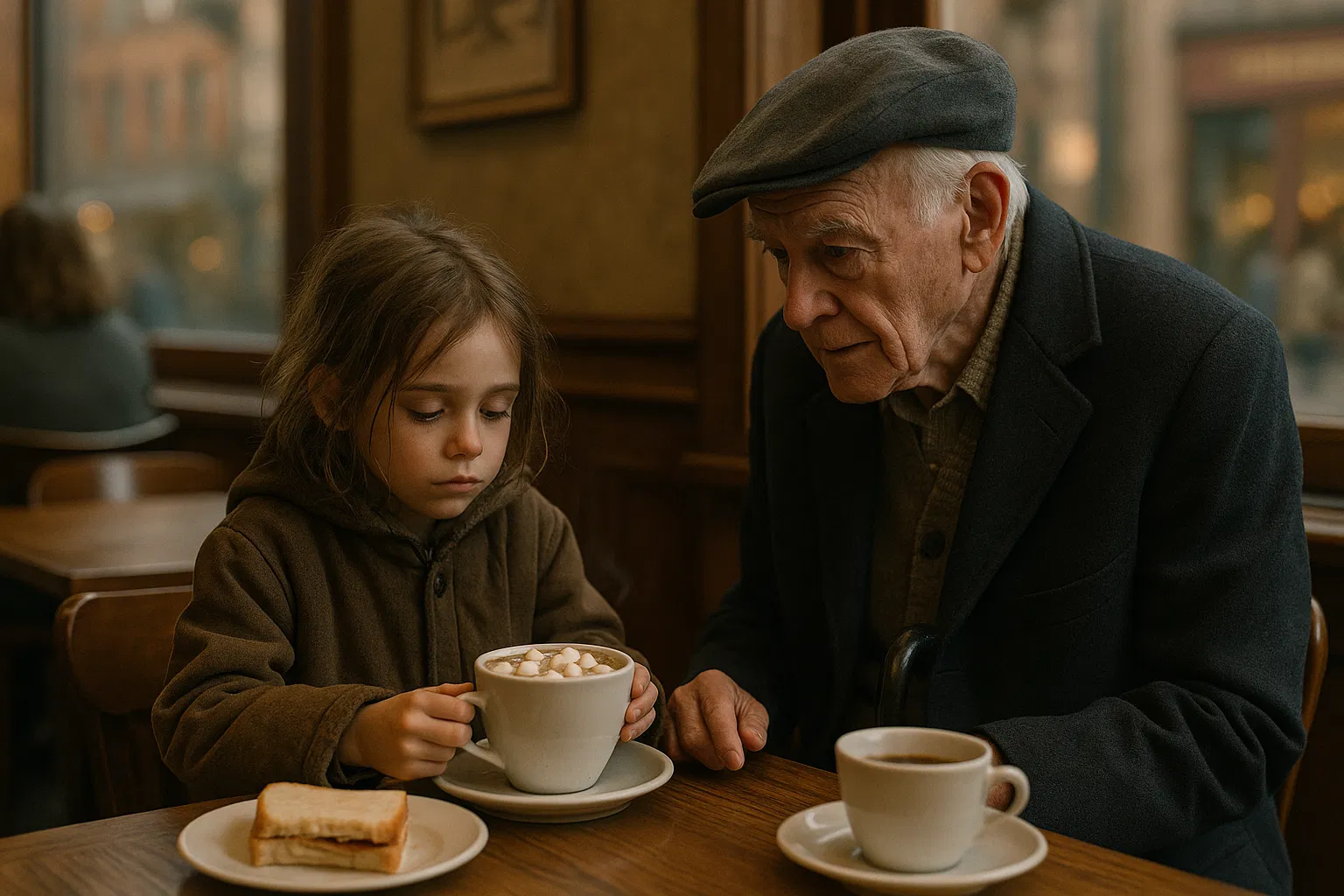 Gabriel et Léna partageant un chocolat chaud dans un café