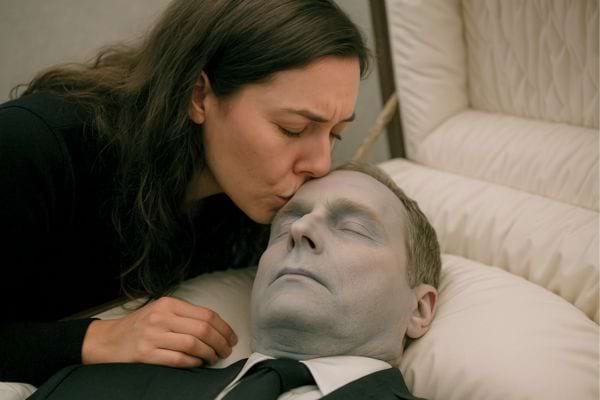 Femme hésitant à embrasser le front d'un défunt