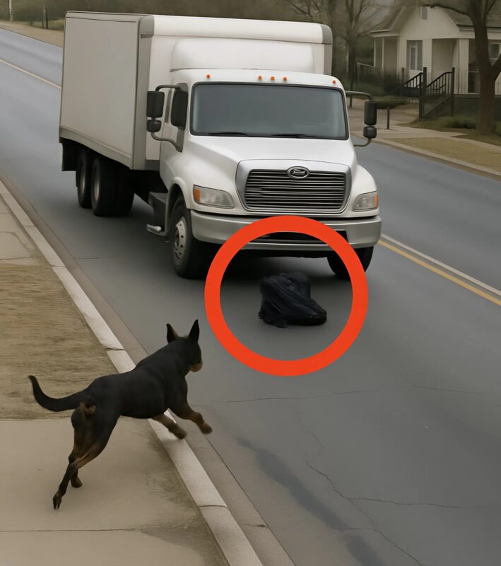 Chien noir et blanc sur une route
