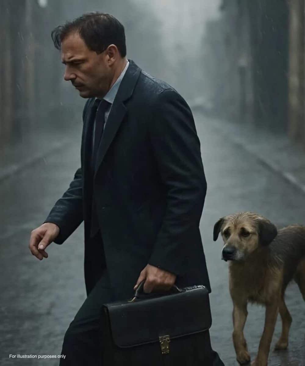 Homme et chien assis côte à côte au crépuscule
