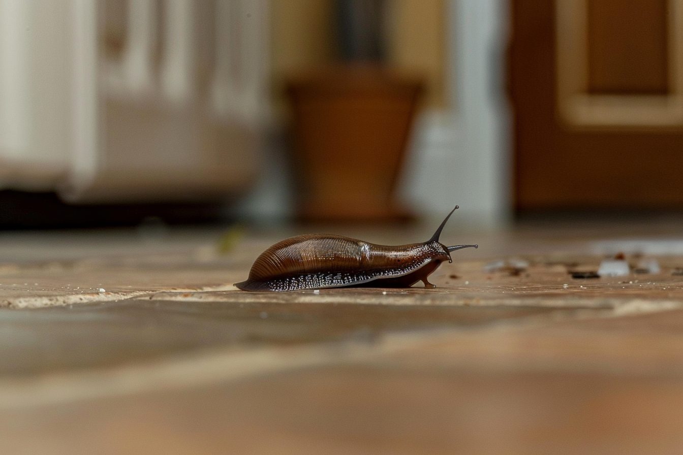 Limace dans une cuisine, près d'un évier ou de denrées