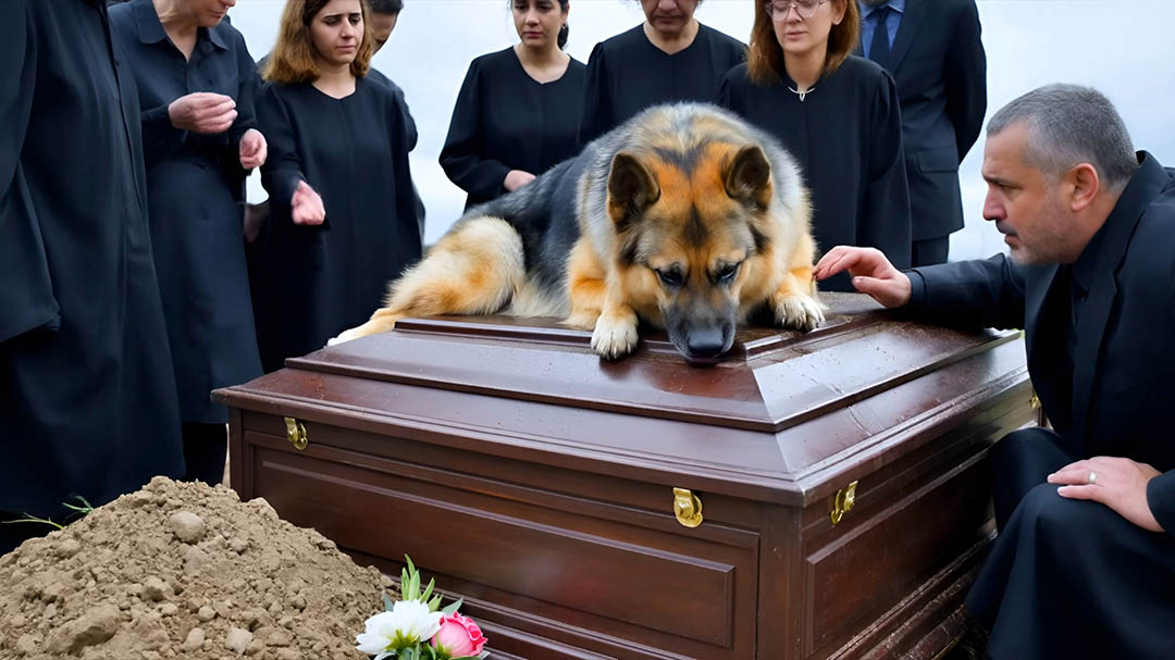Chien blanc posant sa tête contre un cercueil