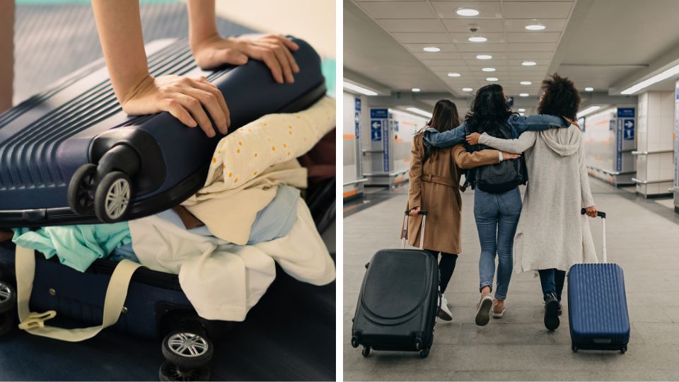 Personne attachant un ruban coloré sur une valise à l'aéroport