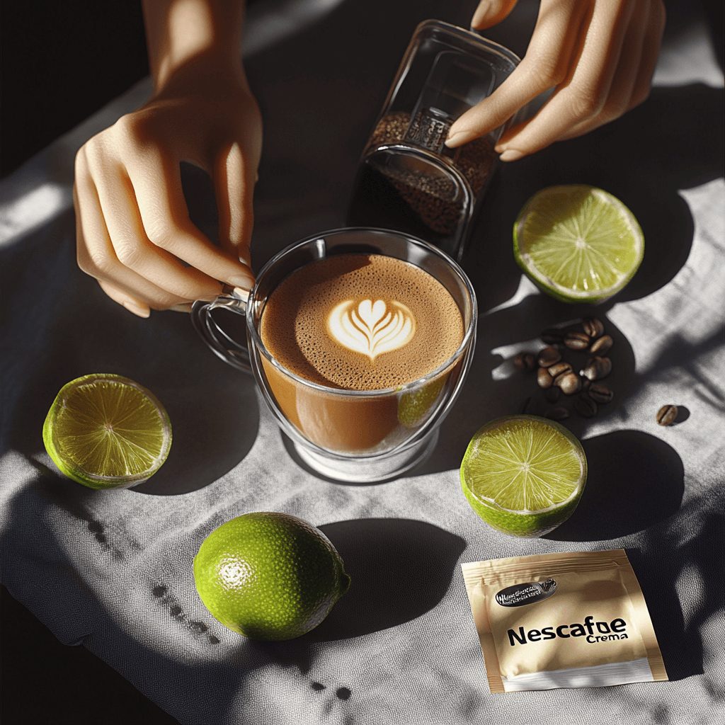 Main tenant un citron vert et une tasse de café