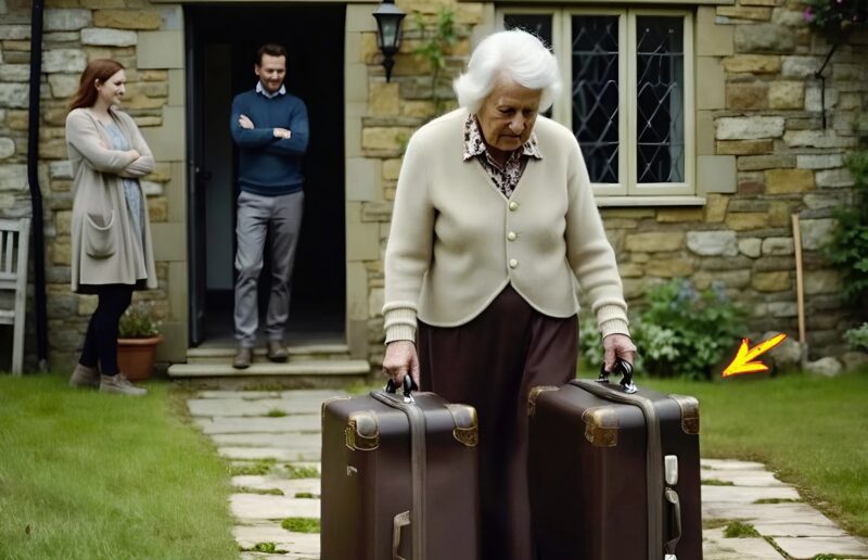 Femme d'un certain âge, digne, avec une petite valise, regardant au loin.
