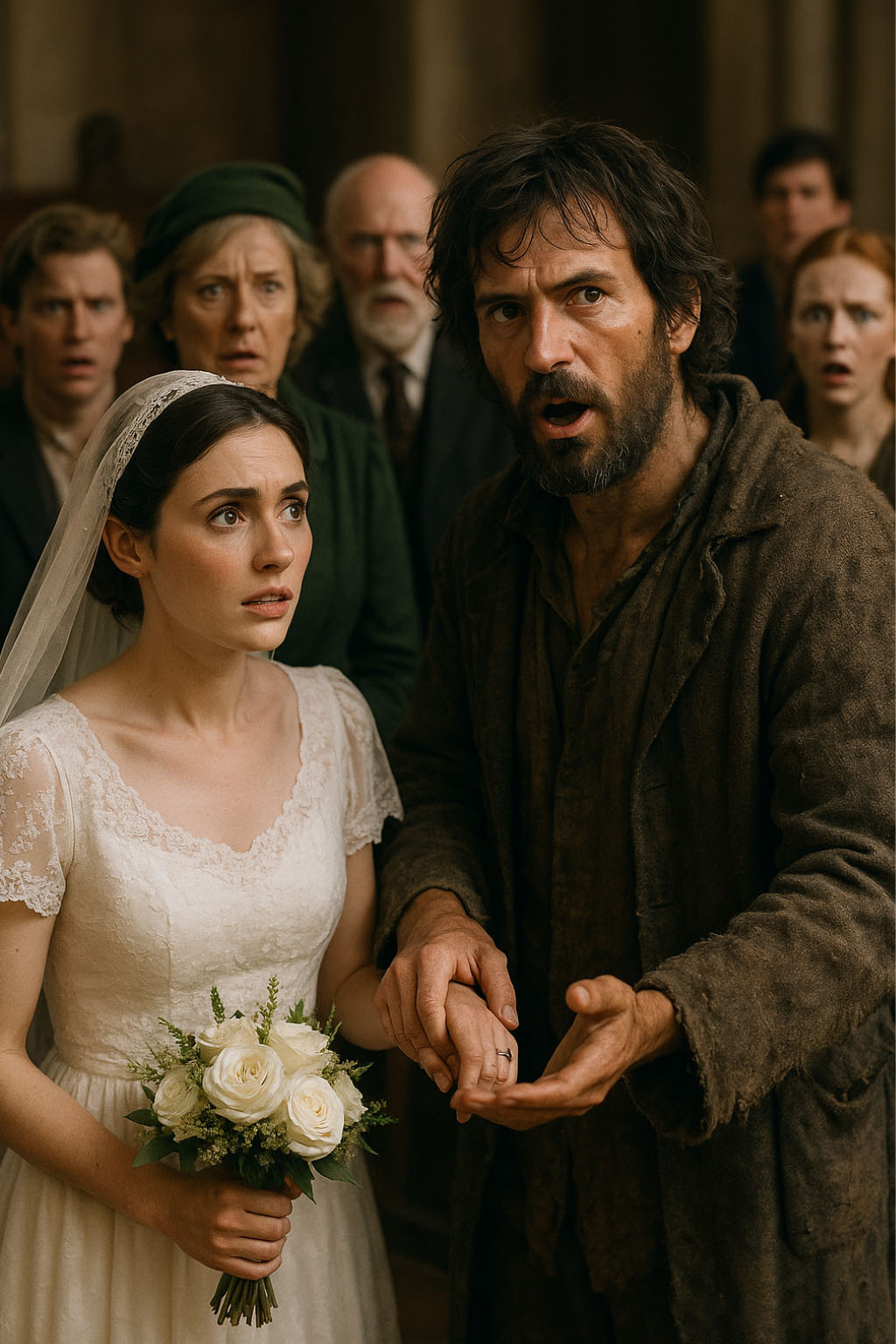 Une jeune femme en robe de mariée, l'air triste et résigné, se tient dans une église.