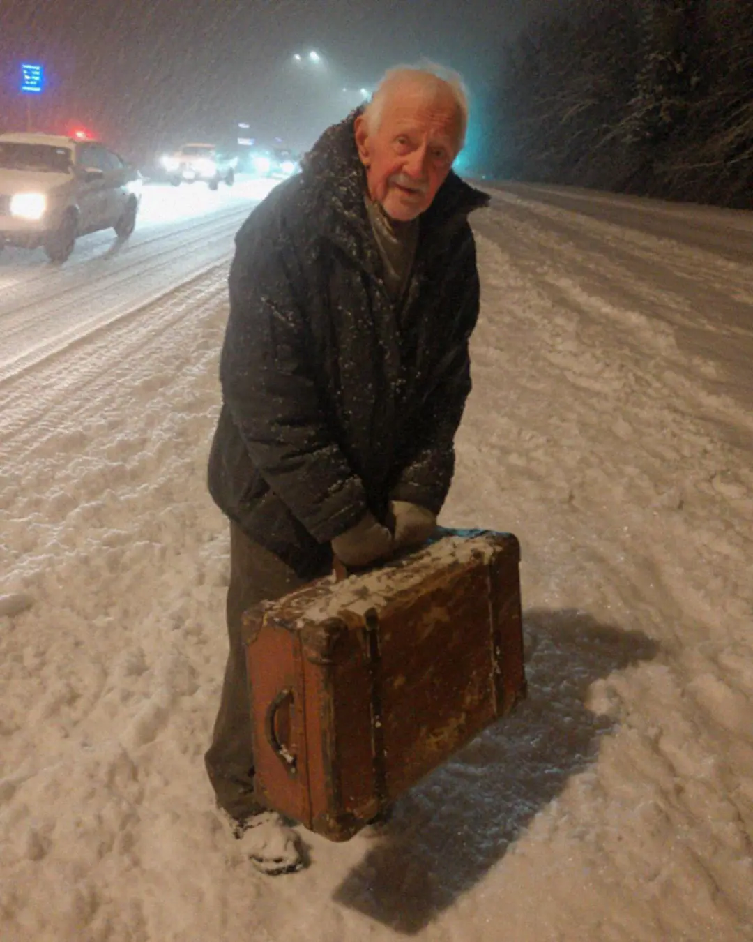 Un homme âgé marche sur le bord d'une route recouverte de neige, tirant une valise.