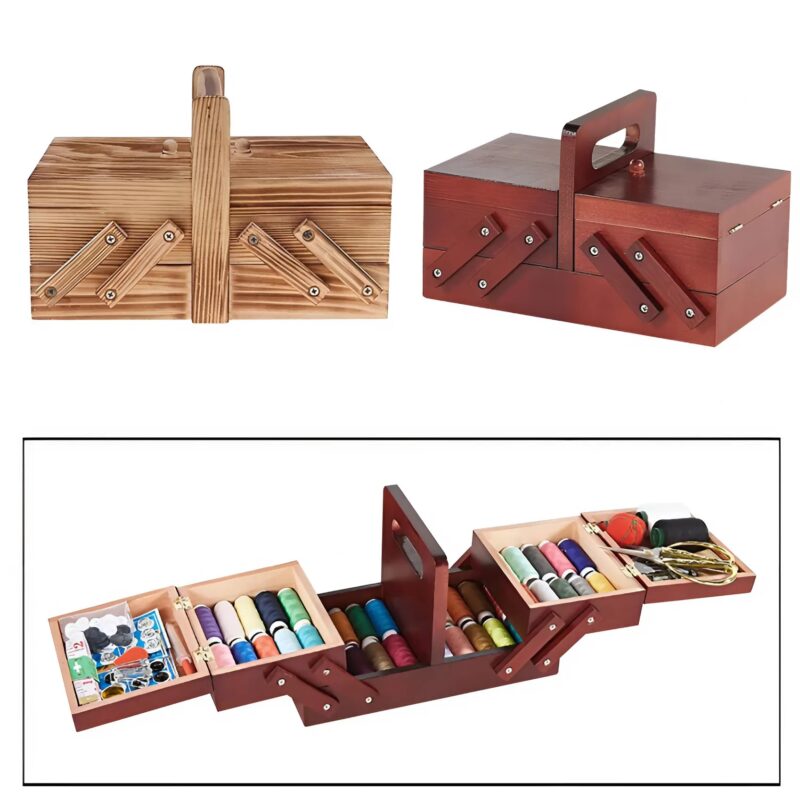 Boîte de couture restaurée, utilisée comme écrin à bijoux