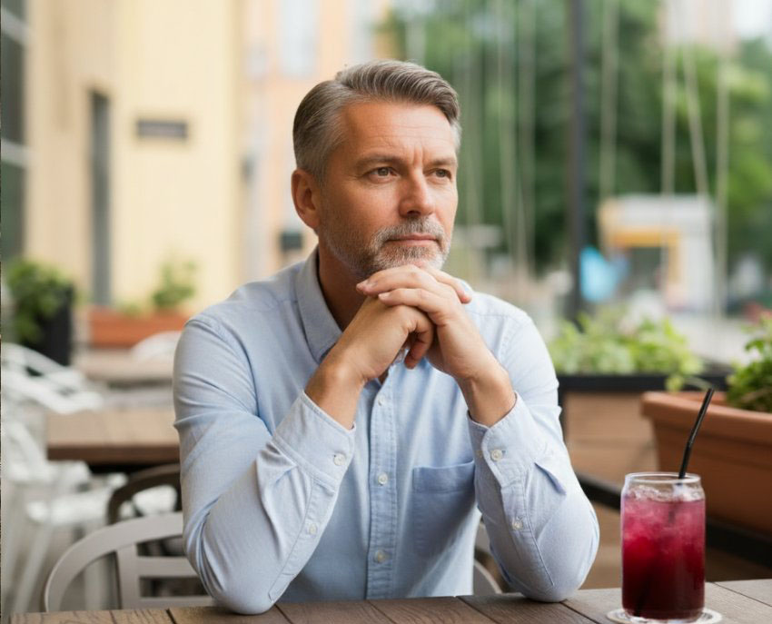 Un couple d'âge mûr partageant un moment complice, illustrant la thématique de la vie à deux après 50 ans.
