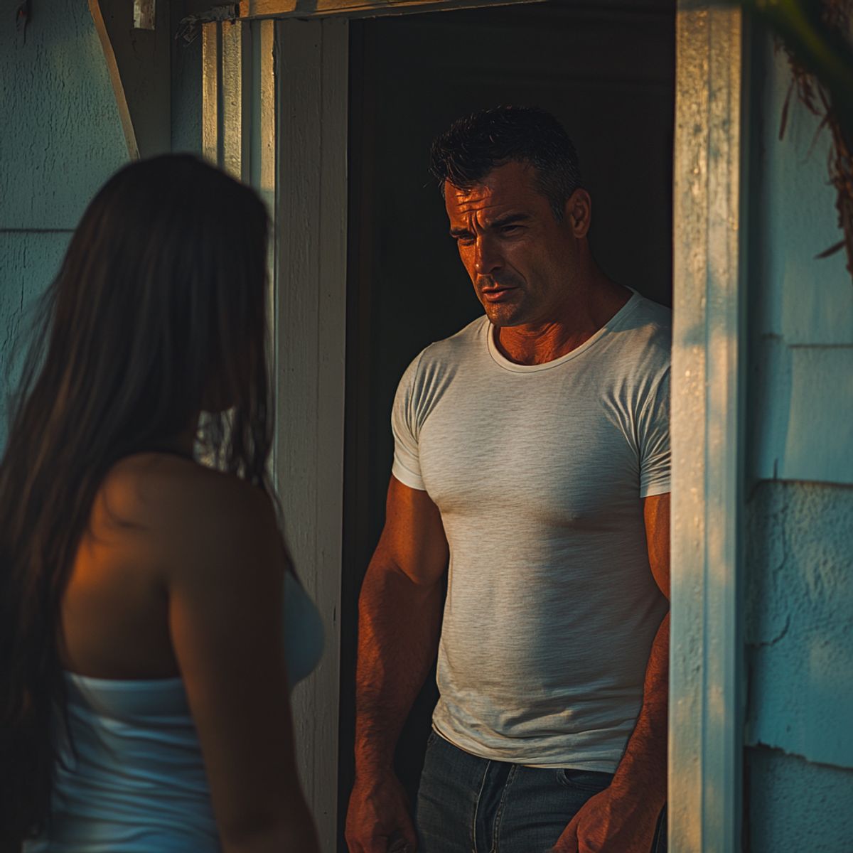 Une femme angoissée sonnant à une porte, moment de tension
