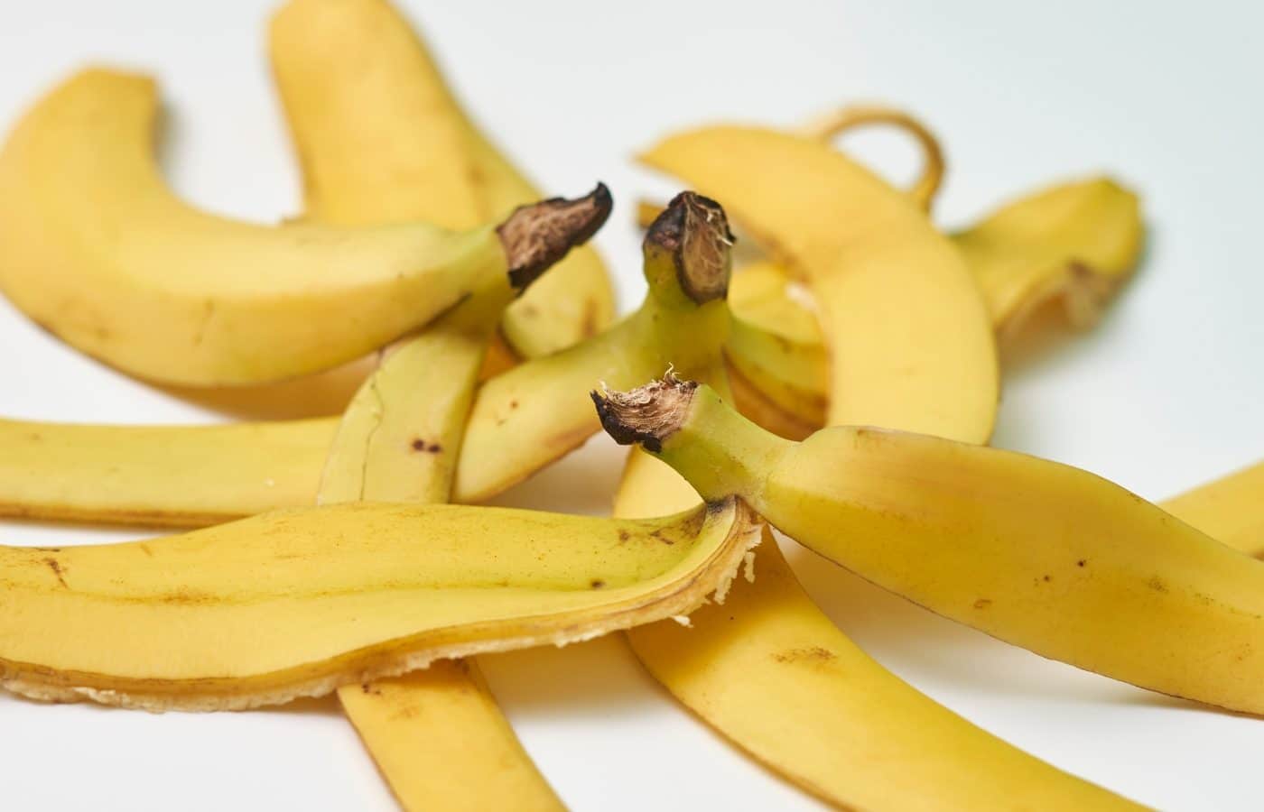 Pelures de banane fraîches posées sur un plan de travail en bois