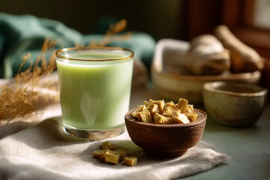 Un verre de jus clair de tige de banane, fraîchement préparé