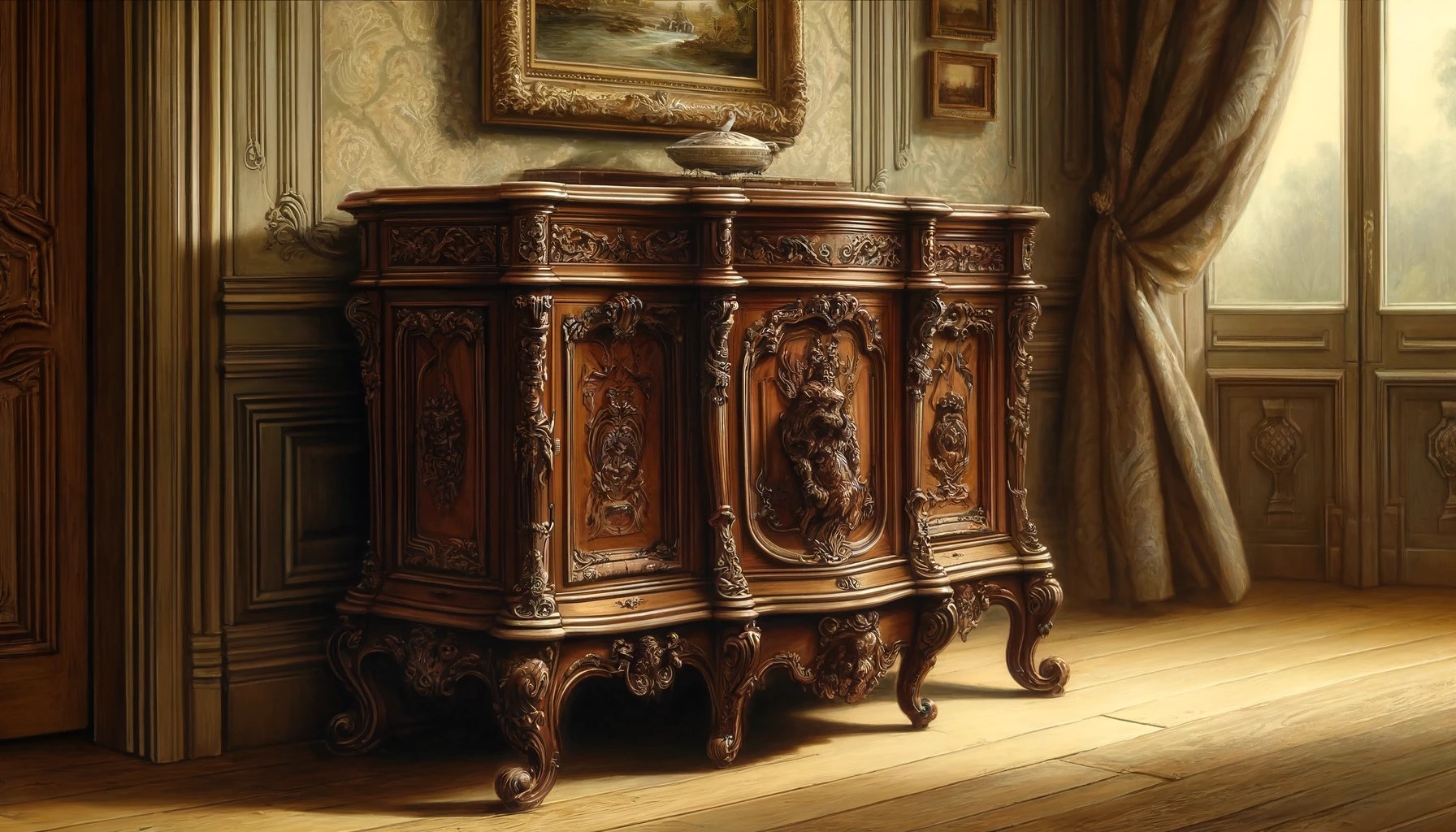 Un buffet ancien en bois, détaillé, avec une patine marquée par le temps.