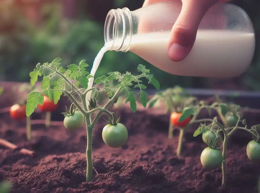Arrosage au pied d'un plant de tomate avec un mélange naturel à base de lait.