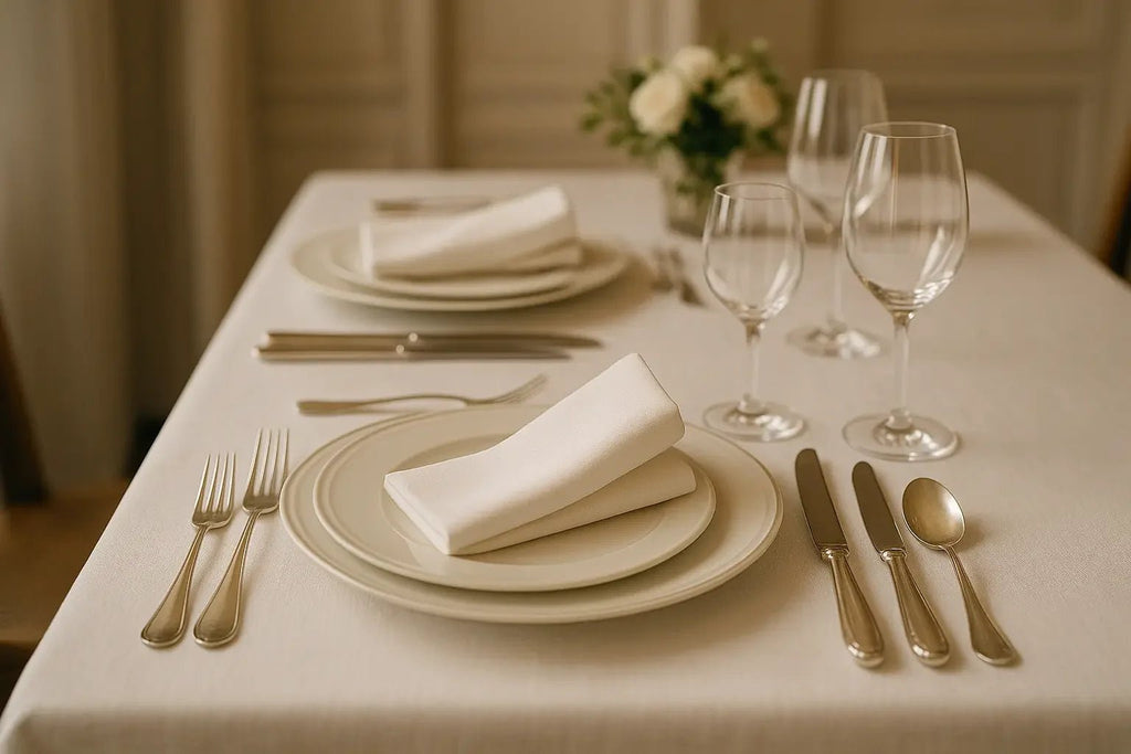 Une belle table dressée pour un dîner, avec des assiettes et des verres.