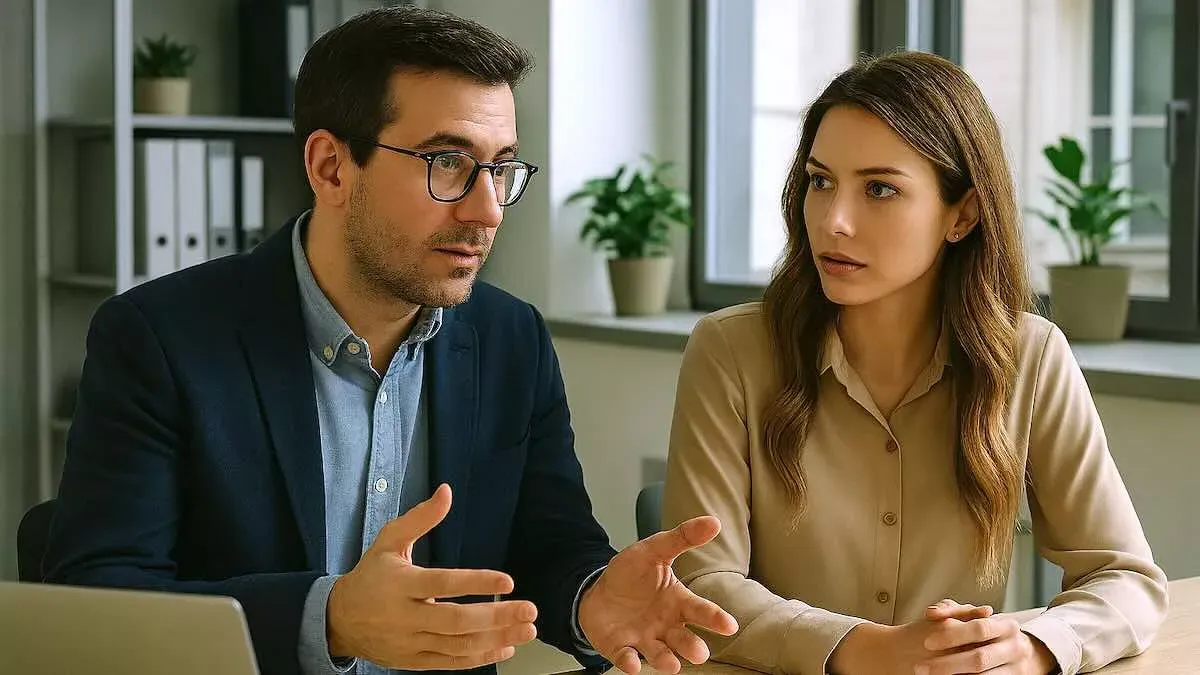 Deux femmes en discussion professionnelle, l'une semble féliciter l'autre